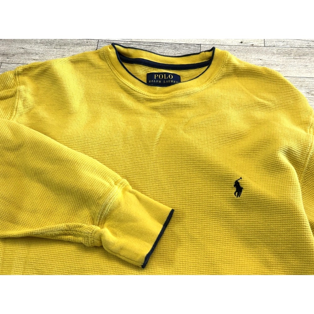Vintage Polo Ralph Lauren Yellow‎ Waffle Knit Cotton Pullover Blue Pony MEDIUM